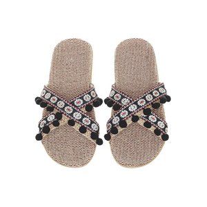 Woven Comfort Pom Pom Open-Toe Slipper Non-Slip